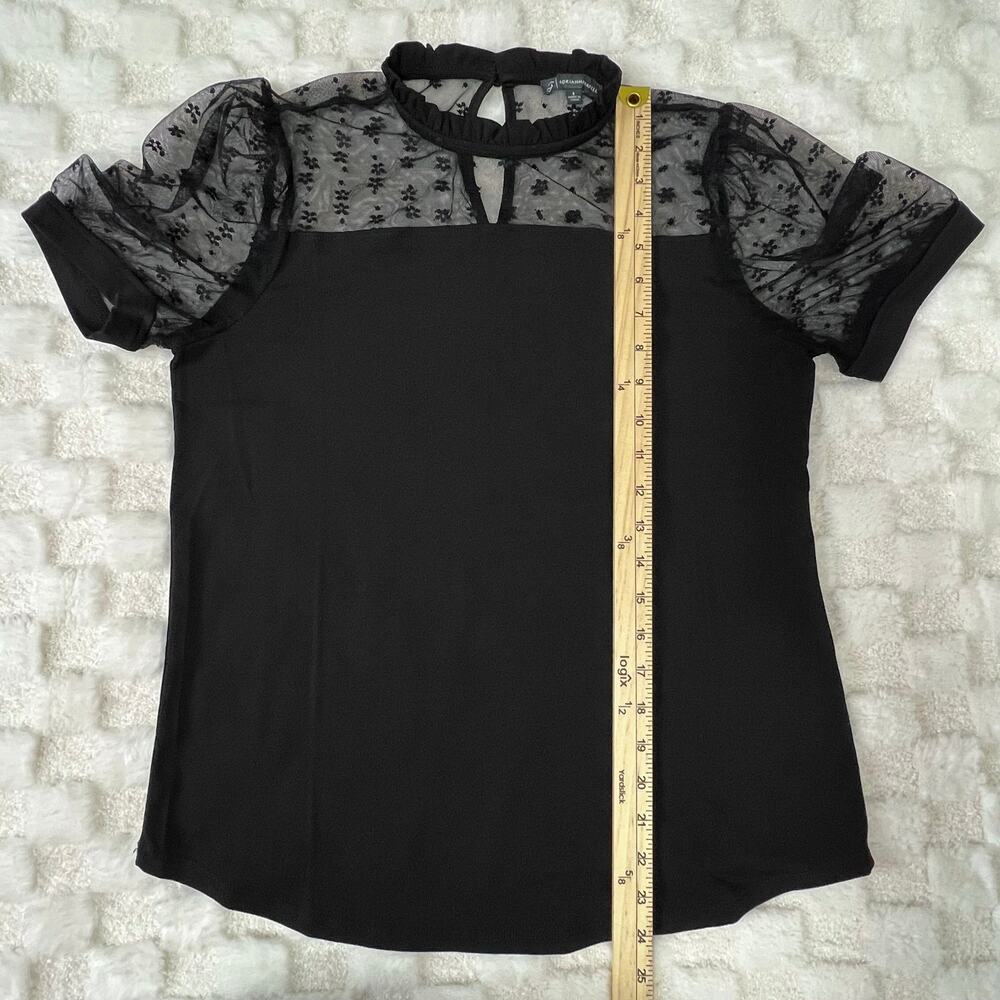 Adrianna Papell Black Mesh Lace Blouse Small Sheer Yoke Top Short Sleeve - Picture 8 of 8
